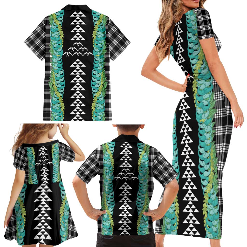 Black Palaka Hawaii Iwa Bird Family Matching Short Sleeve Bodycon Dress and Hawaiian Shirt Hawaiian Kakau Jade Vine Lei LT14 - Polynesian Pride
