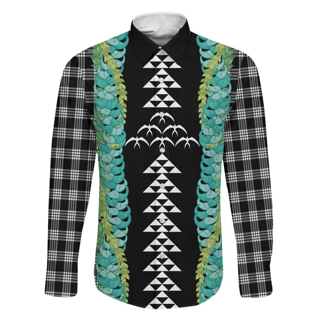 Black Palaka Hawaii Iwa Bird Family Matching Short Sleeve Bodycon Dress and Hawaiian Shirt Hawaiian Kakau Jade Vine Lei LT14 Dad's Shirt - Long Sleeve Black - Polynesian Pride