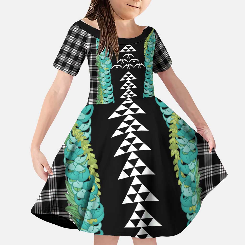Black Palaka Hawaii Iwa Bird Family Matching Tank Maxi Dress and Hawaiian Shirt Hawaiian Kakau Jade Vine Lei LT14 Daughter's Dress Black - Polynesian Pride