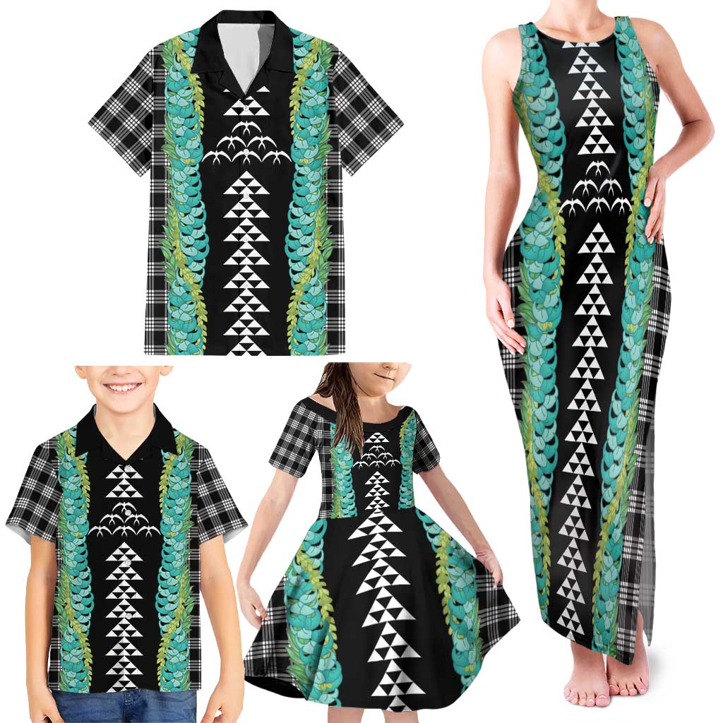 Black Palaka Hawaii Iwa Bird Family Matching Tank Maxi Dress and Hawaiian Shirt Hawaiian Kakau Jade Vine Lei - Polynesian Pride