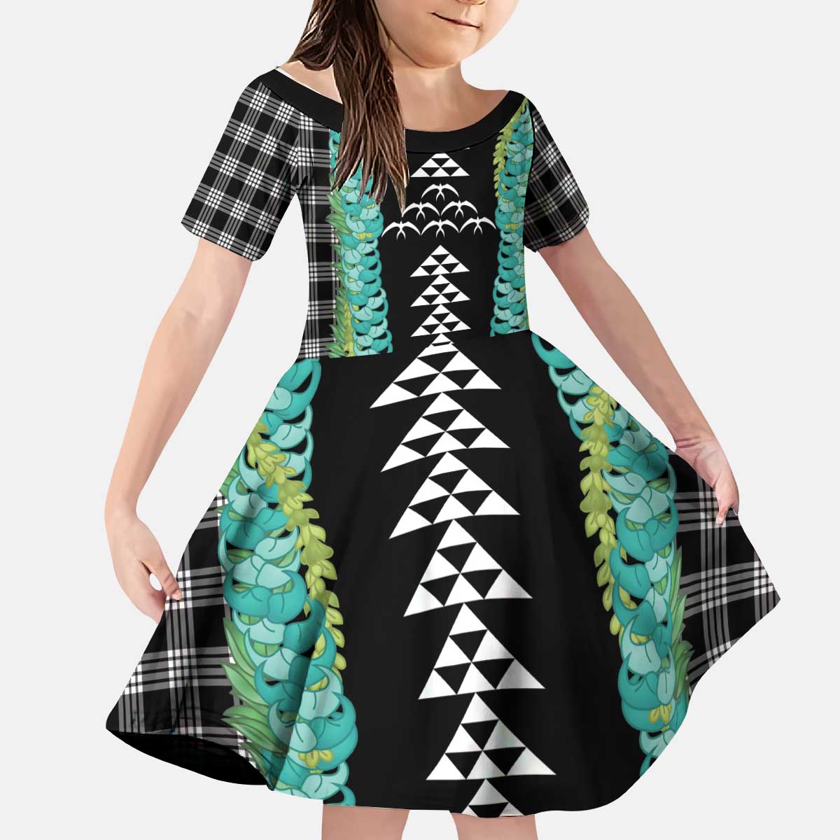 Black Palaka Hawaii Iwa Bird Kid Short Sleeve Dress Hawaiian Kakau Jade Vine Lei - Polynesian Pride