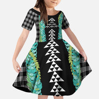 Black Palaka Hawaii Iwa Bird Kid Short Sleeve Dress Hawaiian Kakau Jade Vine Lei - Polynesian Pride