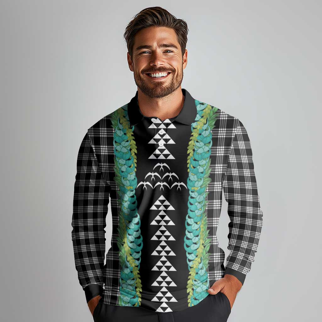 Black Palaka Hawaii Iwa Bird Long Sleeve Polo Shirt Hawaiian Kakau Jade Vine Lei - Polynesian Pride