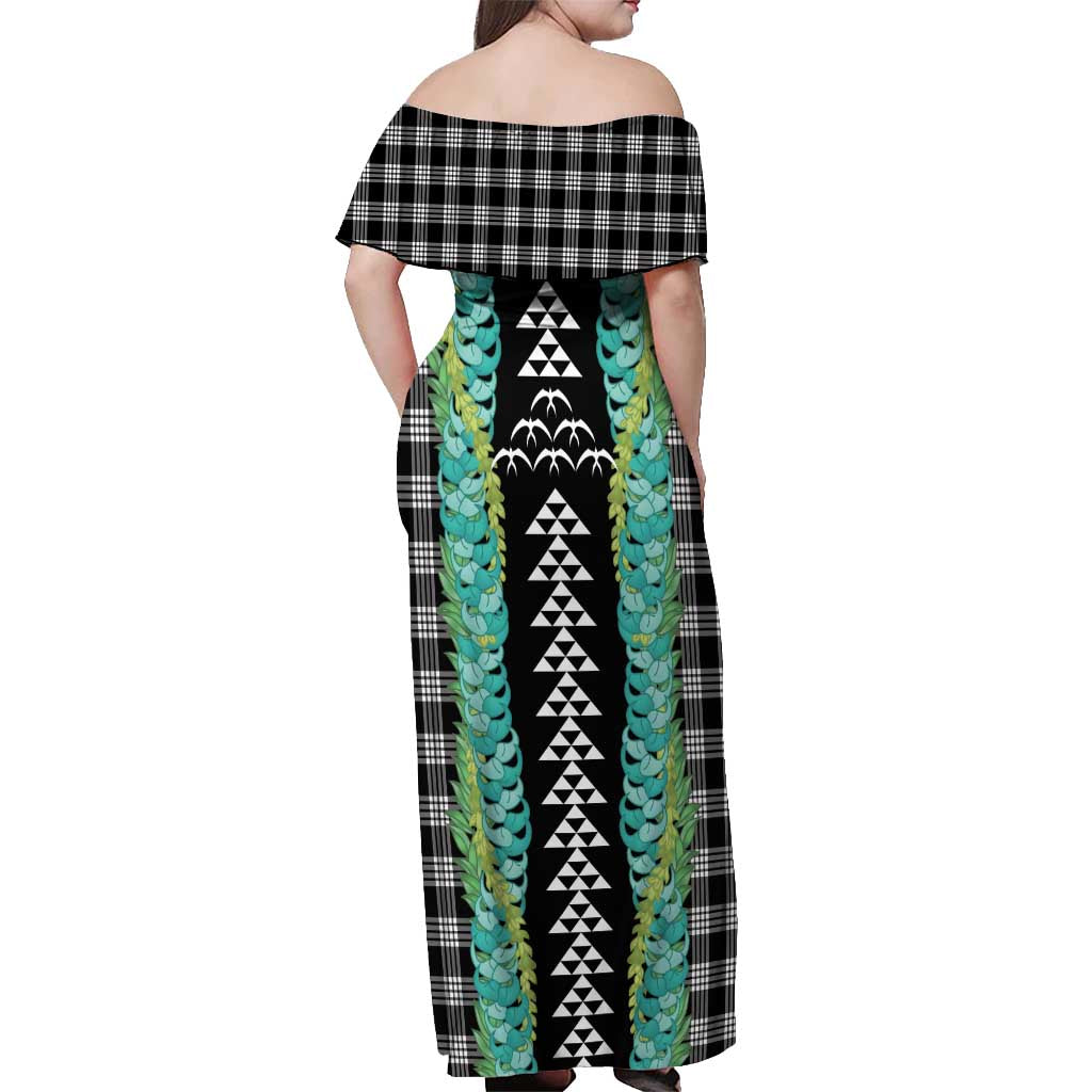 Black Palaka Hawaii Iwa Bird Off Shoulder Maxi Dress Hawaiian Kakau Jade Vine Lei - Polynesian Pride