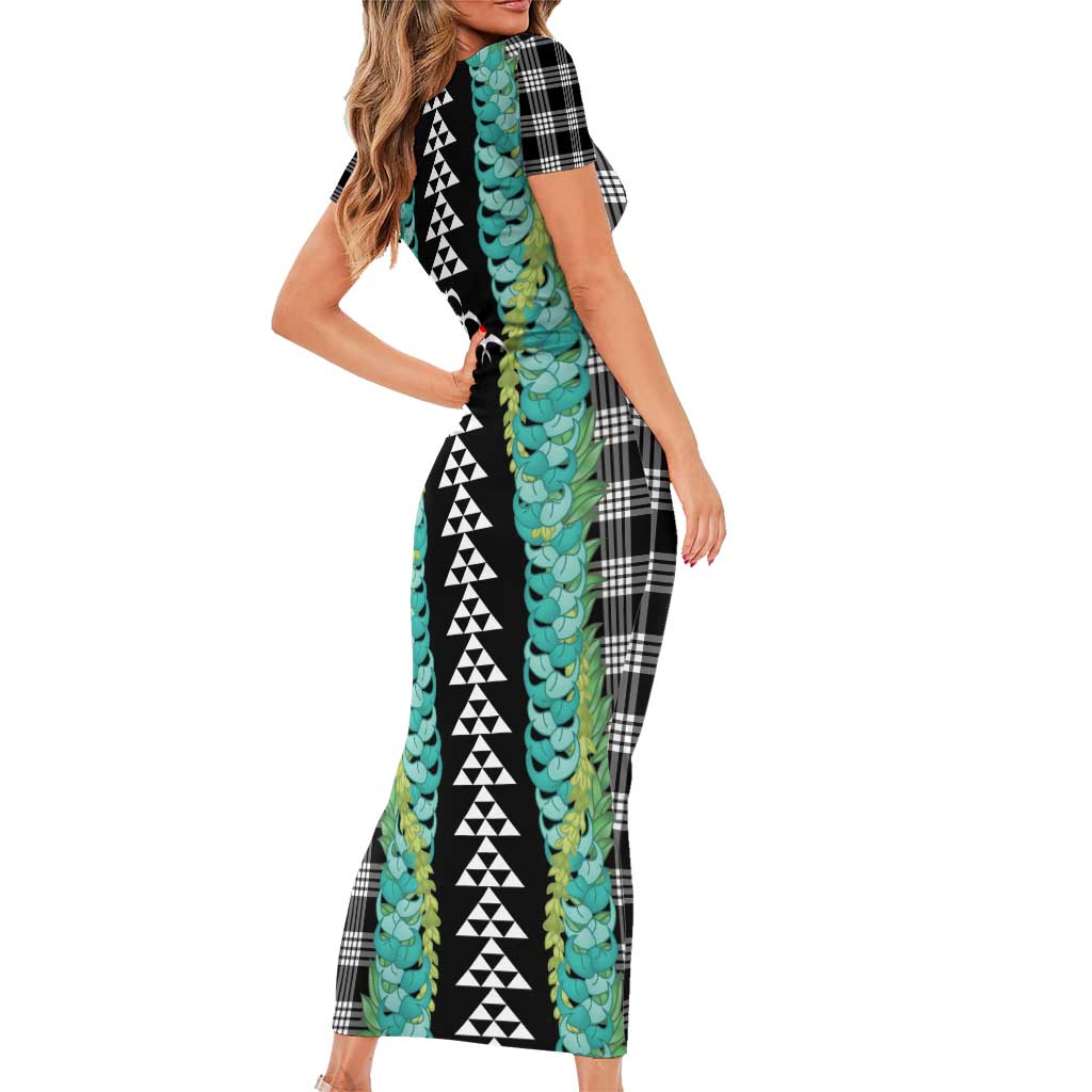 Black Palaka Hawaii Iwa Bird Short Sleeve Bodycon Dress Hawaiian Kakau Jade Vine Lei - Polynesian Pride