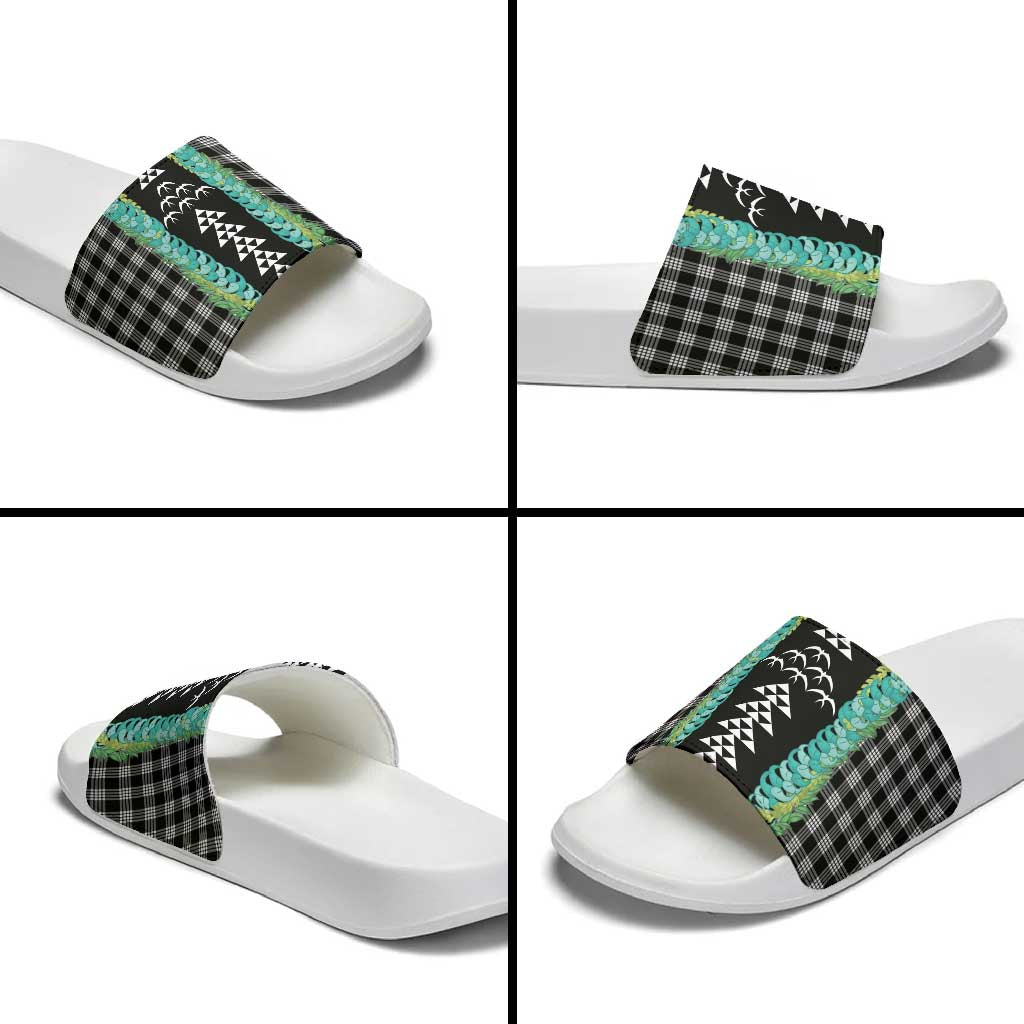 Black Palaka Hawaii Iwa Bird Slide Sandals Hawaiian Kakau Jade Vine Lei - Polynesian Pride