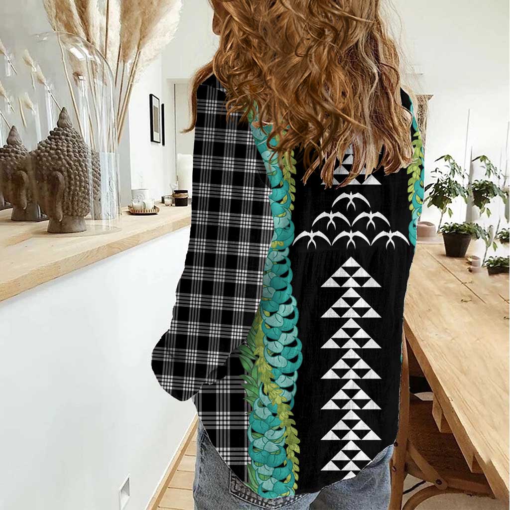 Black Palaka Hawaii Iwa Bird Women Casual Shirt Hawaiian Kakau Jade Vine Lei - Polynesian Pride
