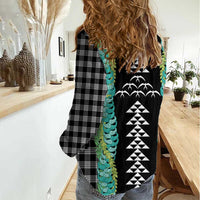 Black Palaka Hawaii Iwa Bird Women Casual Shirt Hawaiian Kakau Jade Vine Lei - Polynesian Pride