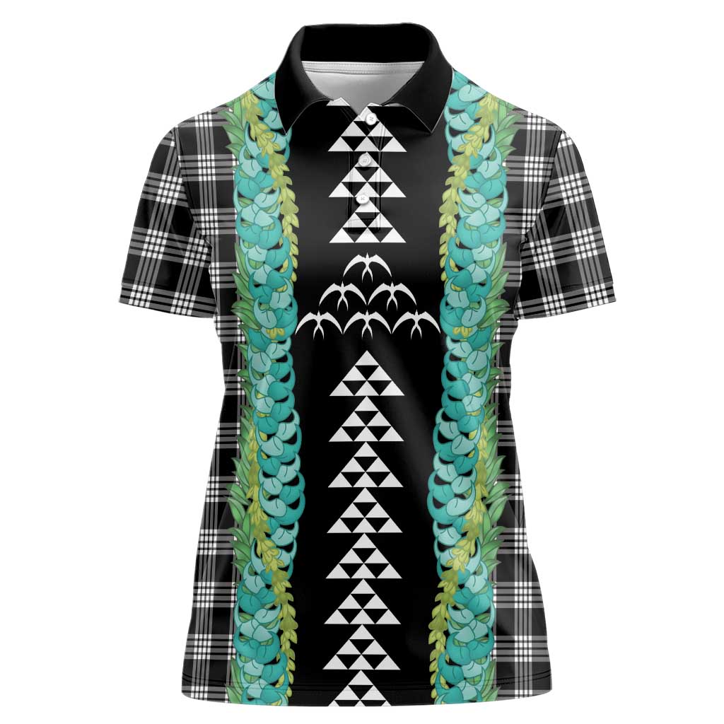 Black Palaka Hawaii Iwa Bird Women Polo Shirt Hawaiian Kakau Jade Vine Lei - Polynesian Pride