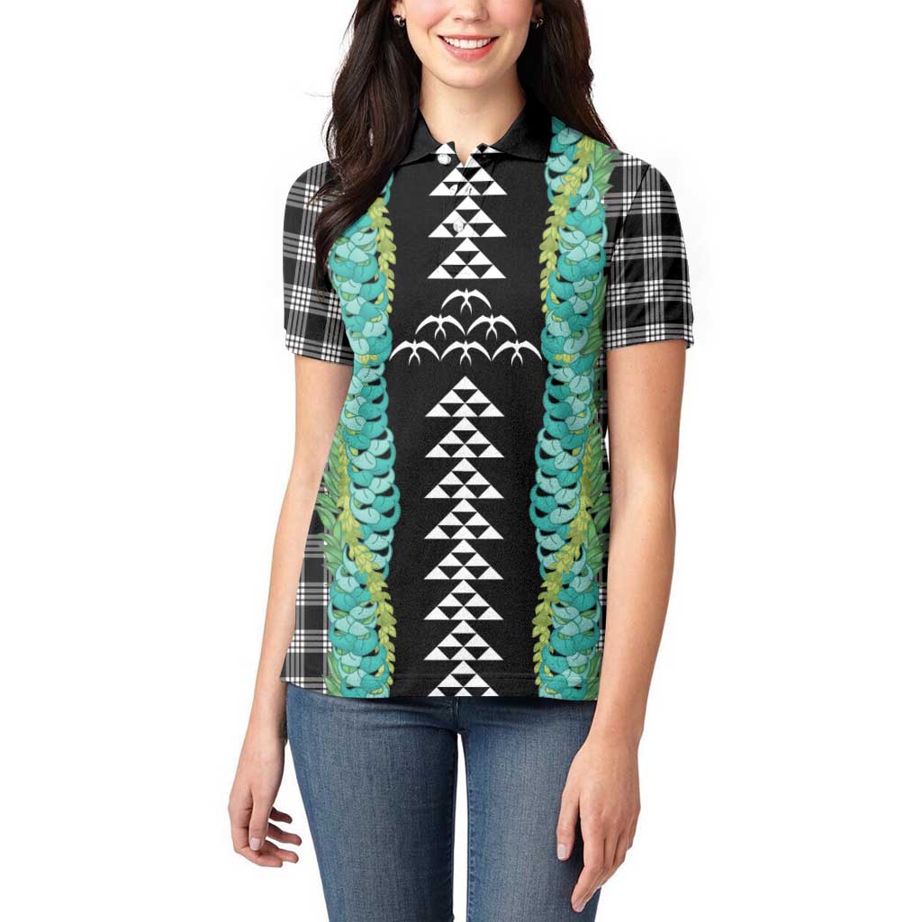Black Palaka Hawaii Iwa Bird Women Polo Shirt Hawaiian Kakau Jade Vine Lei - Polynesian Pride