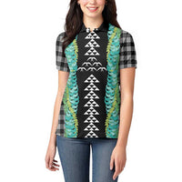 Black Palaka Hawaii Iwa Bird Women Polo Shirt Hawaiian Kakau Jade Vine Lei - Polynesian Pride