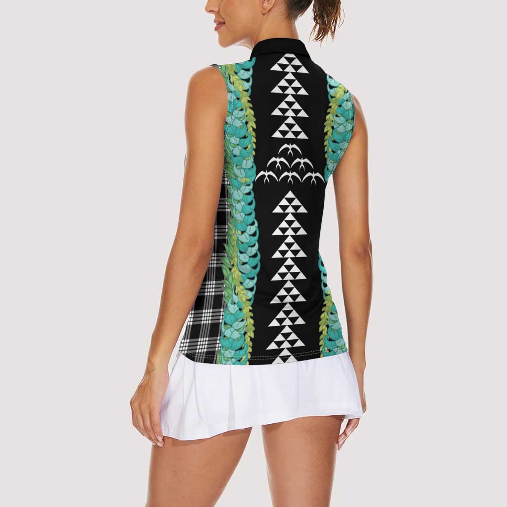 Black Palaka Hawaii Iwa Bird Women Sleeveless Polo Shirt Hawaiian Kakau Jade Vine Lei LT14 - Polynesian Pride
