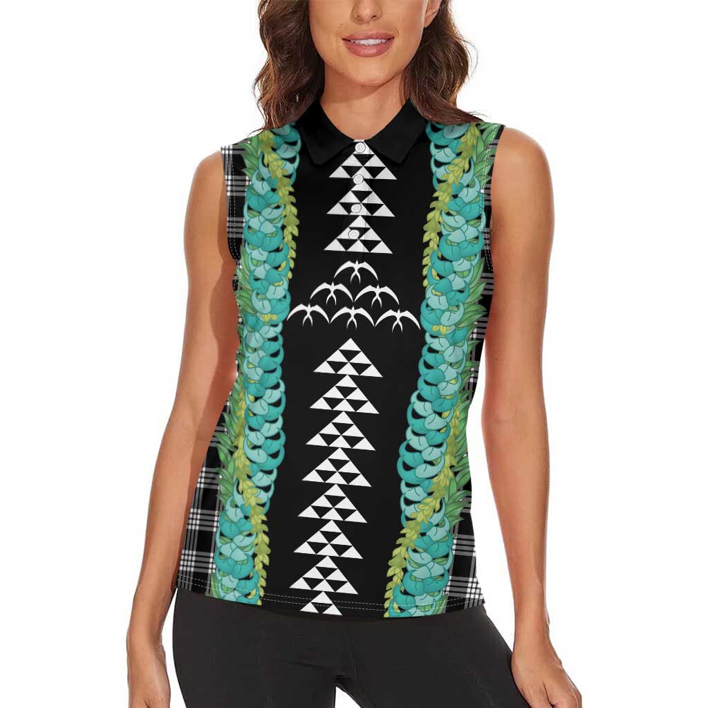 Black Palaka Hawaii Iwa Bird Women Sleeveless Polo Shirt Hawaiian Kakau Jade Vine Lei LT14 - Polynesian Pride