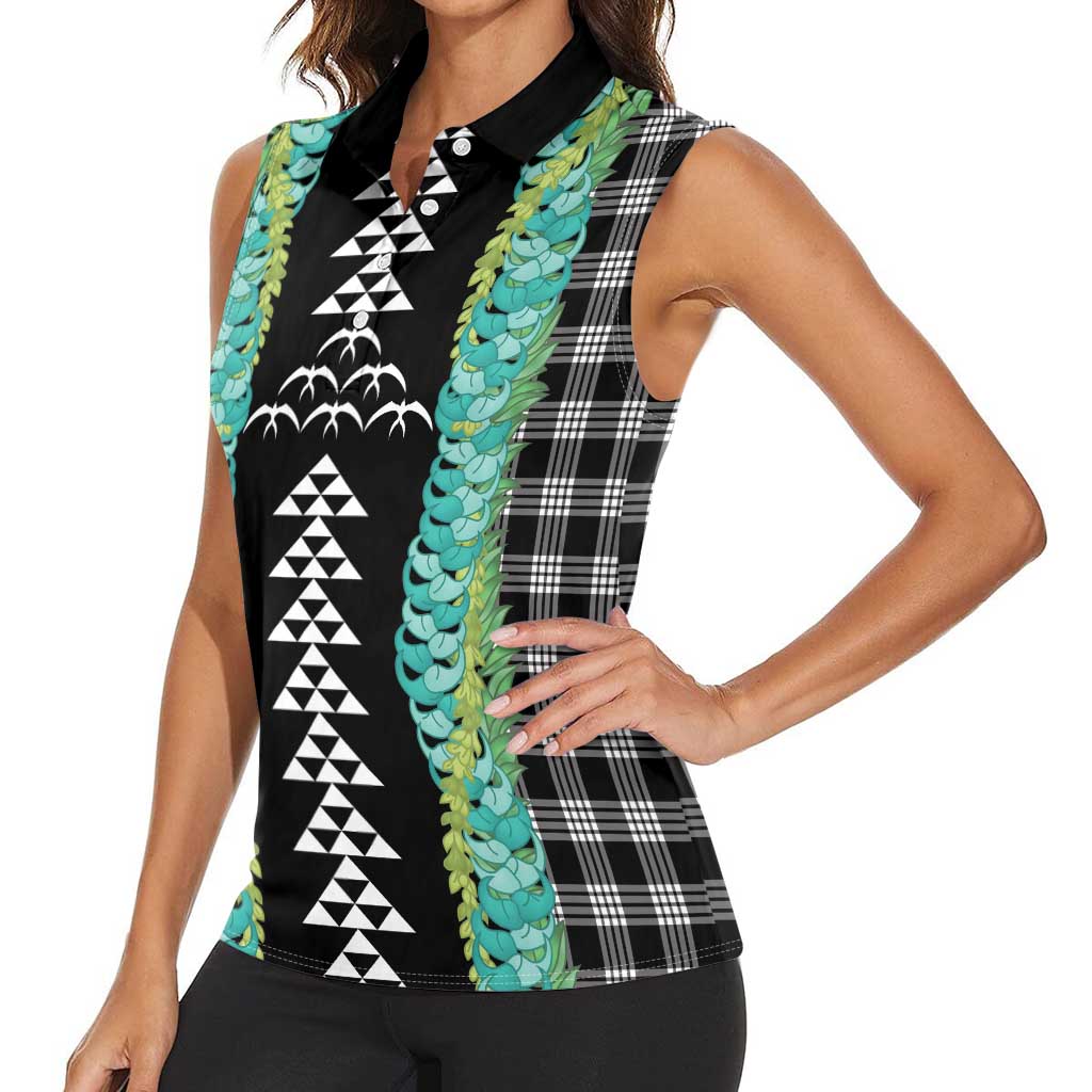 Black Palaka Hawaii Iwa Bird Women Sleeveless Polo Shirt Hawaiian Kakau Jade Vine Lei LT14 - Polynesian Pride