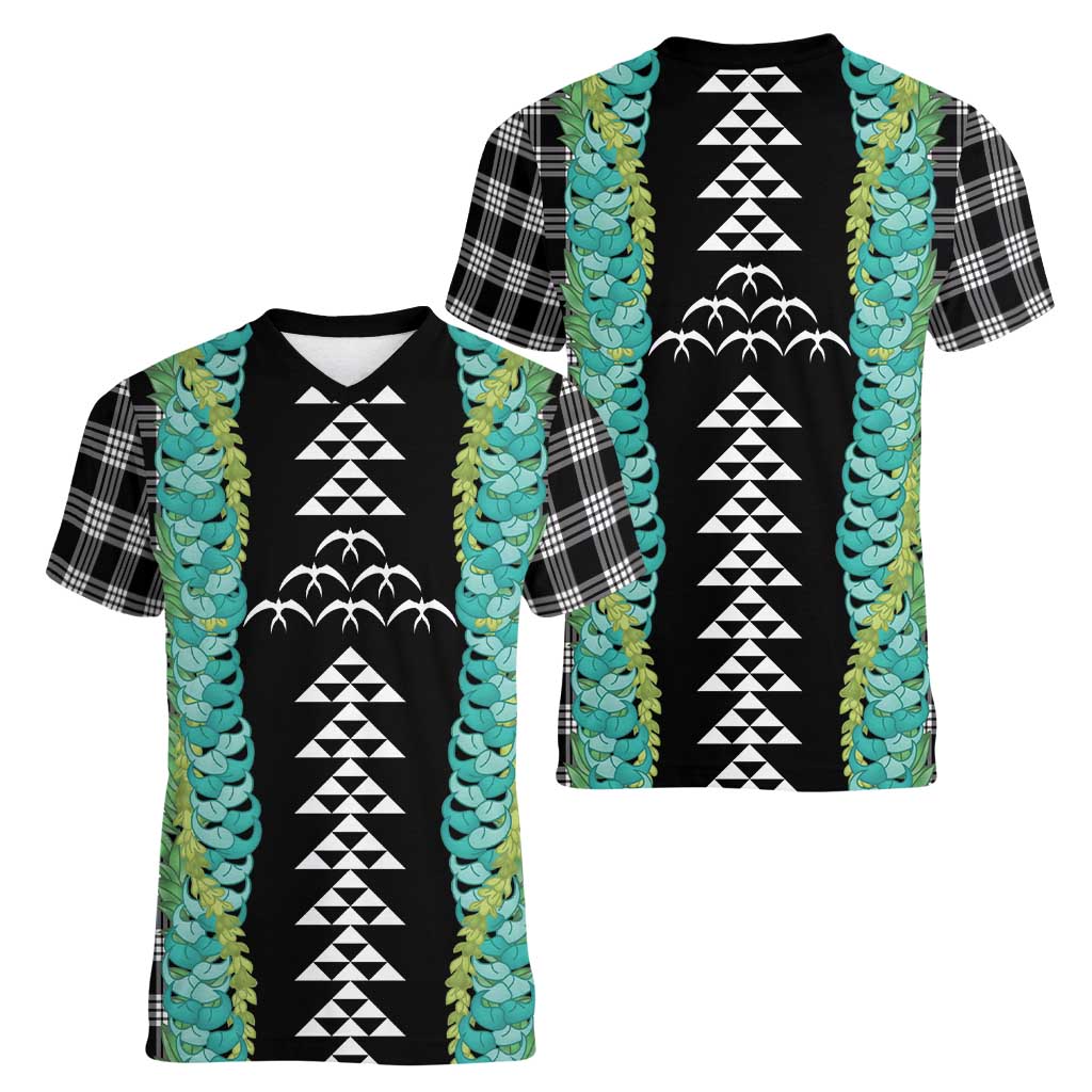 Black Palaka Hawaii Iwa Bird Women V-Neck T-Shirt Hawaiian Kakau Jade Vine Lei - Polynesian Pride