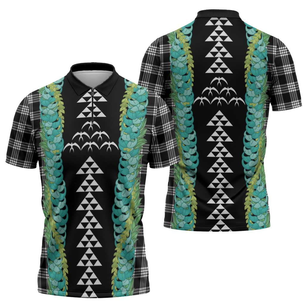 Black Palaka Hawaii Iwa Bird Zipper Polo Shirt Hawaiian Kakau Jade Vine Lei - Polynesian Pride