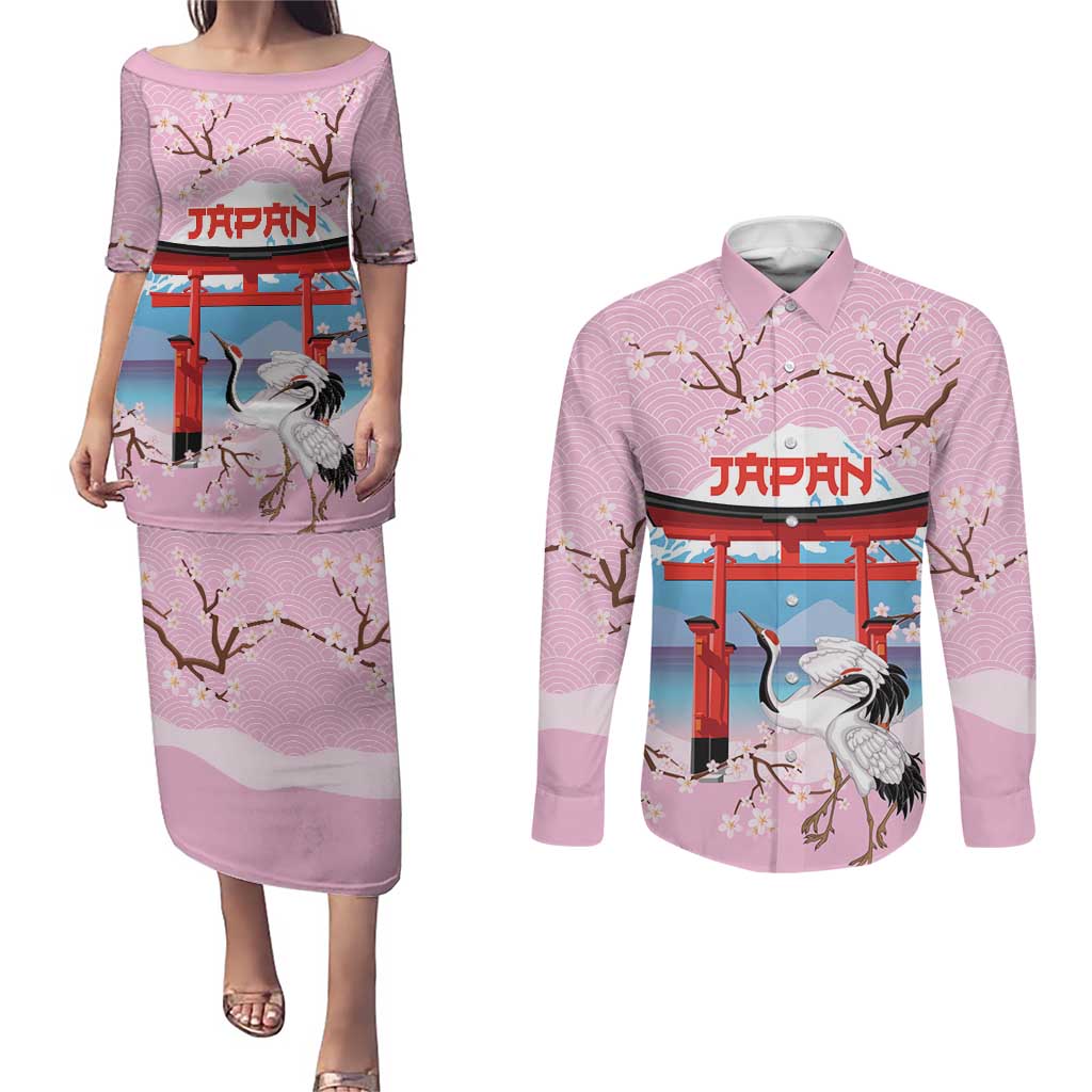 Japanese Torii Gate Cranes Personalised Couples Matching Puletasi and Long Sleeve Button Shirt Fuji Mount Sakura Seigaiha Pattern