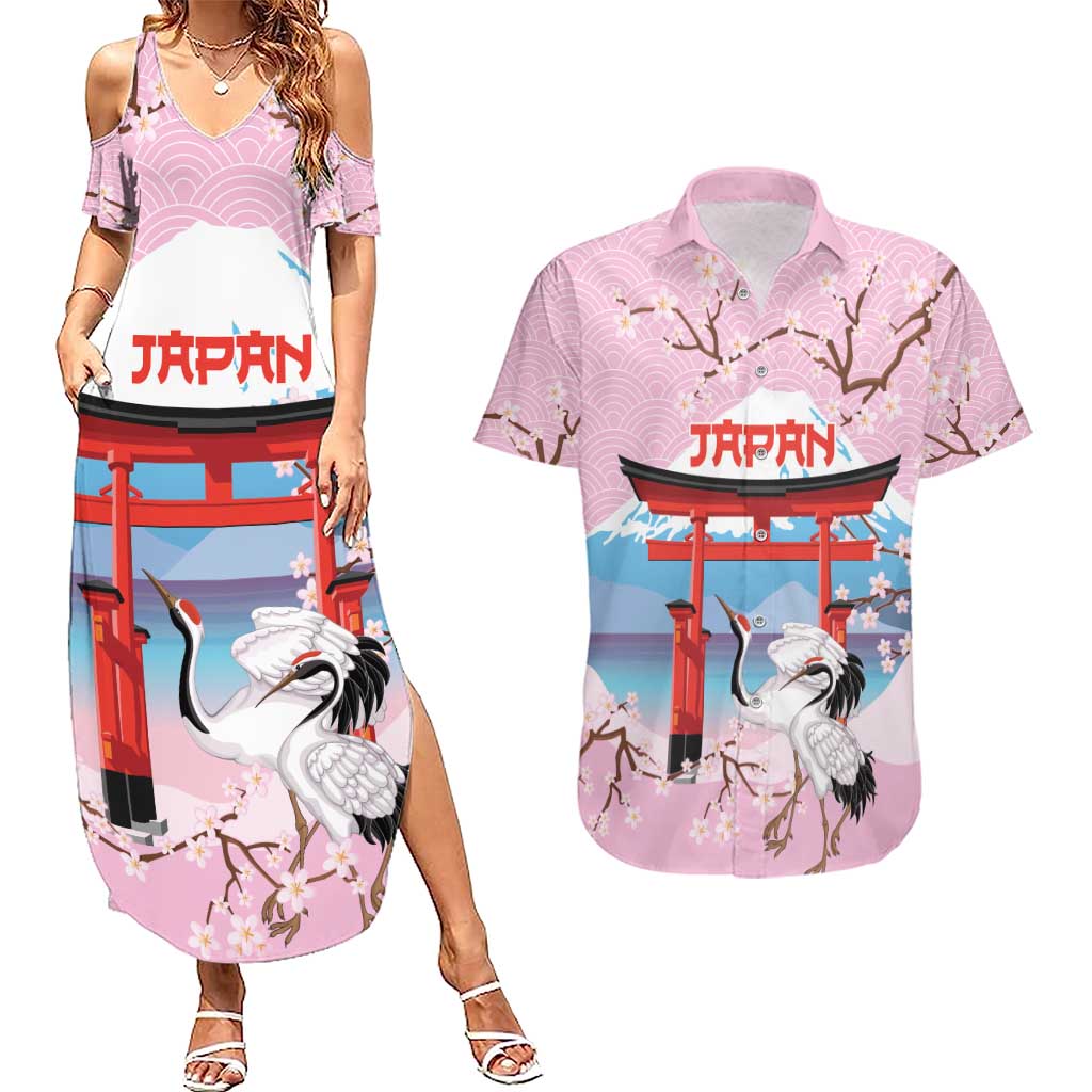 Japanese Torii Gate Cranes Personalised Couples Matching Summer Maxi Dress and Hawaiian Shirt Fuji Mount Sakura Seigaiha Pattern