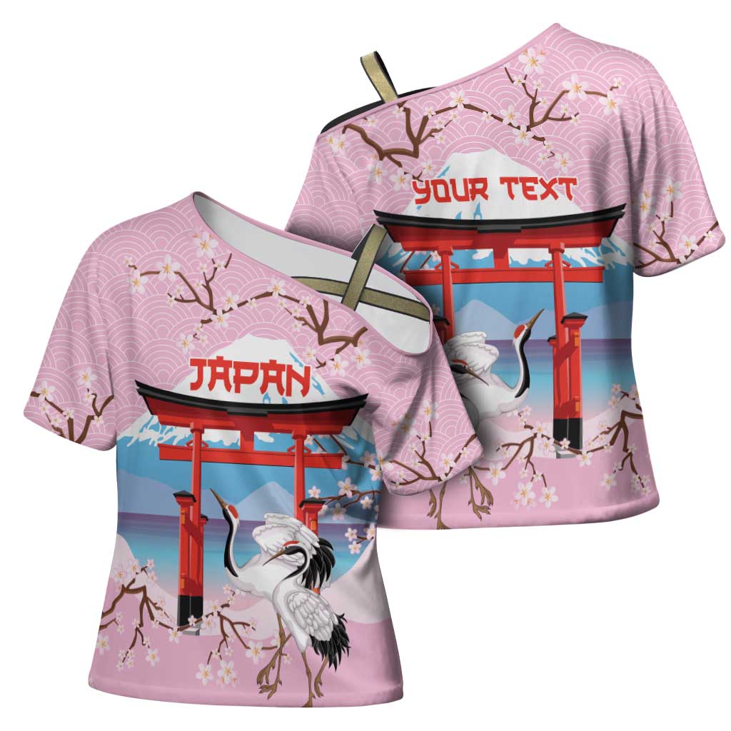 Japanese Torii Gate Cranes Personalised Cross Shoulder Shirt Fuji Mount Sakura Seigaiha Pattern