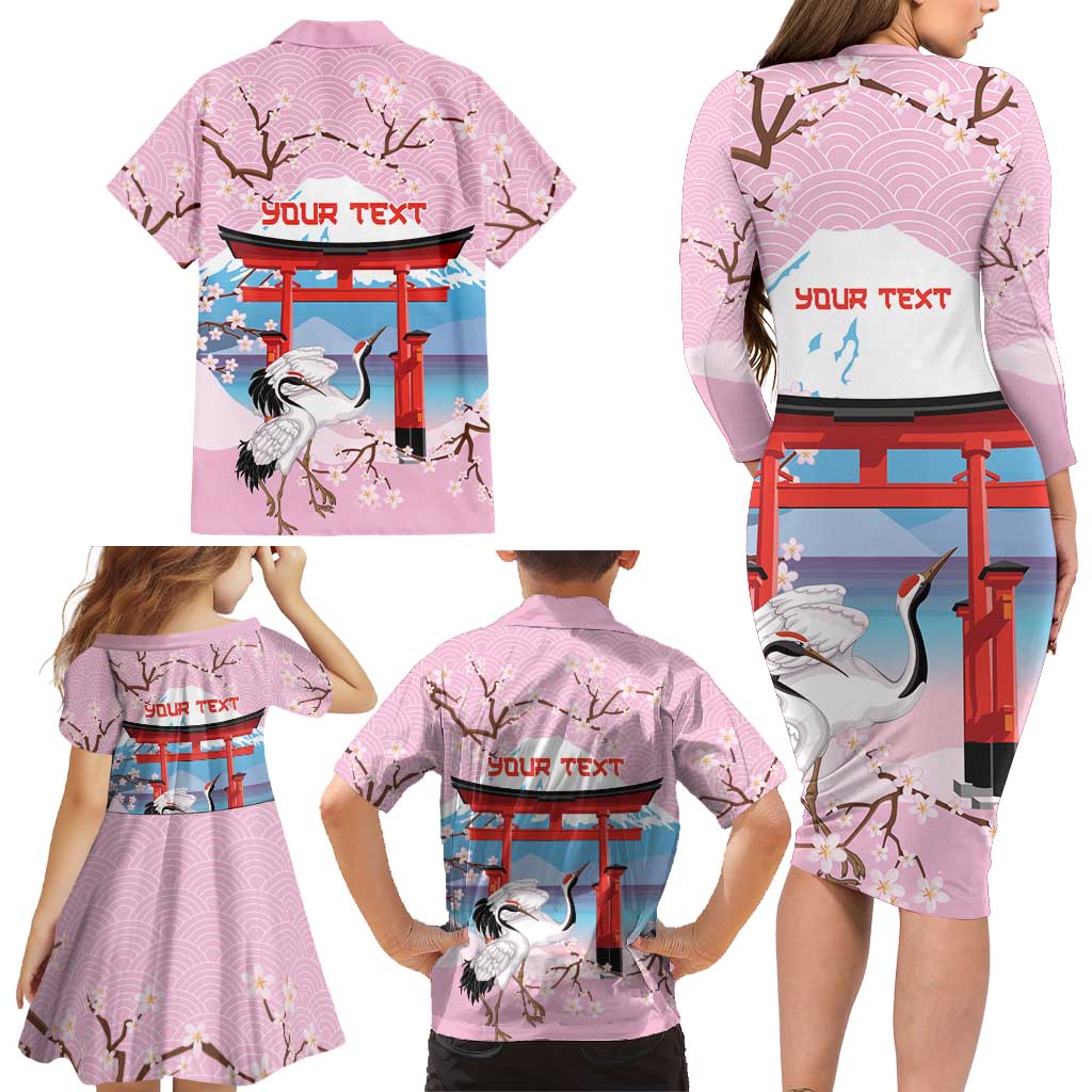 Japanese Torii Gate Cranes Personalised Family Matching Long Sleeve Bodycon Dress and Hawaiian Shirt Fuji Mount Sakura Seigaiha Pattern LT14 - Polynesian Pride