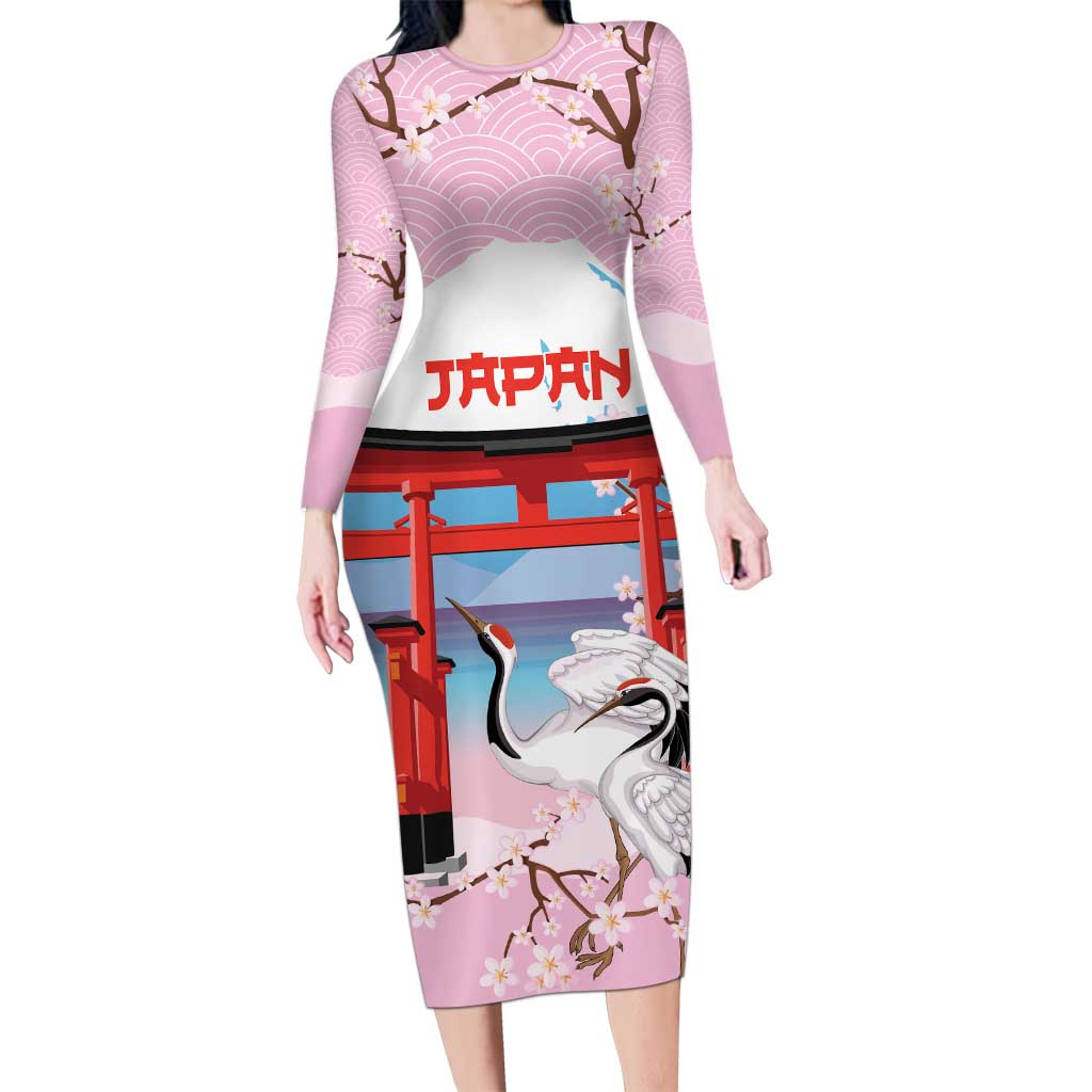 Japanese Torii Gate Cranes Personalised Family Matching Long Sleeve Bodycon Dress and Hawaiian Shirt Fuji Mount Sakura Seigaiha Pattern LT14 Mom's Dress Pink - Polynesian Pride