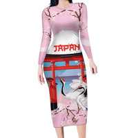 Japanese Torii Gate Cranes Personalised Family Matching Long Sleeve Bodycon Dress and Hawaiian Shirt Fuji Mount Sakura Seigaiha Pattern LT14 Mom's Dress Pink - Polynesian Pride