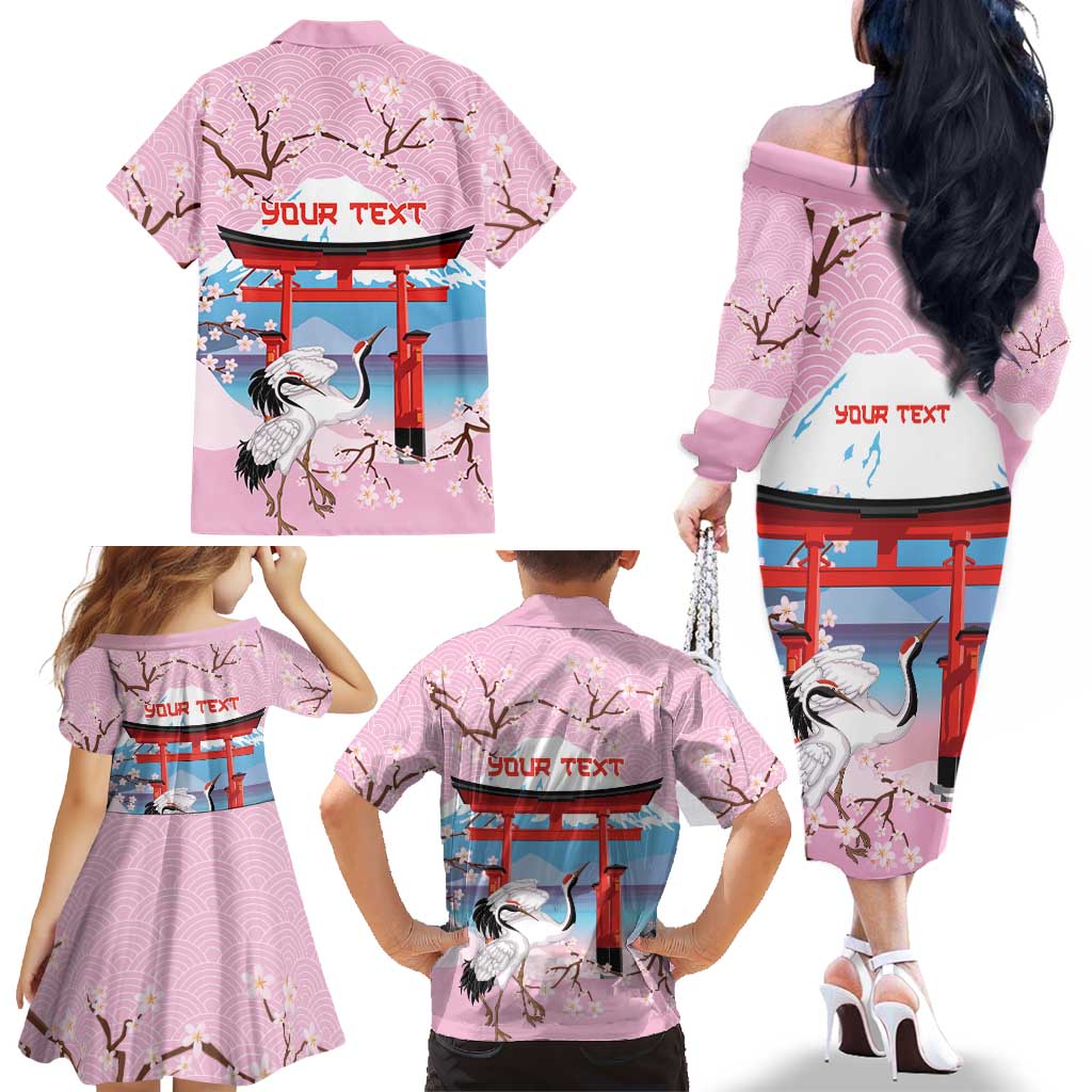 Japanese Torii Gate Cranes Personalised Family Matching Off The Shoulder Long Sleeve Dress and Hawaiian Shirt Fuji Mount Sakura Seigaiha Pattern LT14 - Polynesian Pride