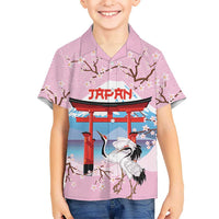 Japanese Torii Gate Cranes Personalised Family Matching Off The Shoulder Long Sleeve Dress and Hawaiian Shirt Fuji Mount Sakura Seigaiha Pattern LT14 Son's Shirt Pink - Polynesian Pride