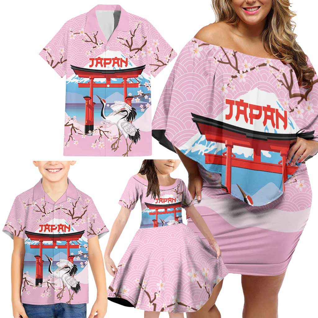 Japanese Torii Gate Cranes Personalised Family Matching Off Shoulder Short Dress and Hawaiian Shirt Fuji Mount Sakura Seigaiha Pattern