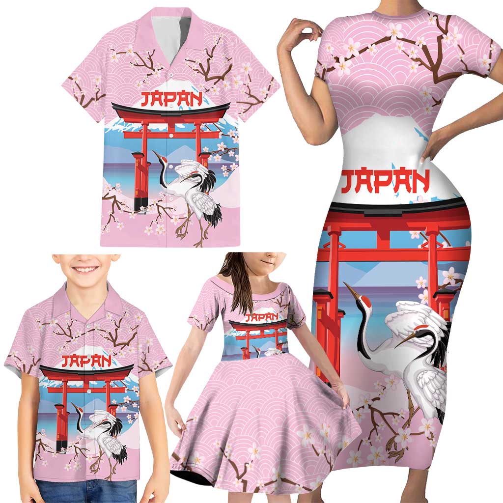 Japanese Torii Gate Cranes Personalised Family Matching Short Sleeve Bodycon Dress and Hawaiian Shirt Fuji Mount Sakura Seigaiha Pattern