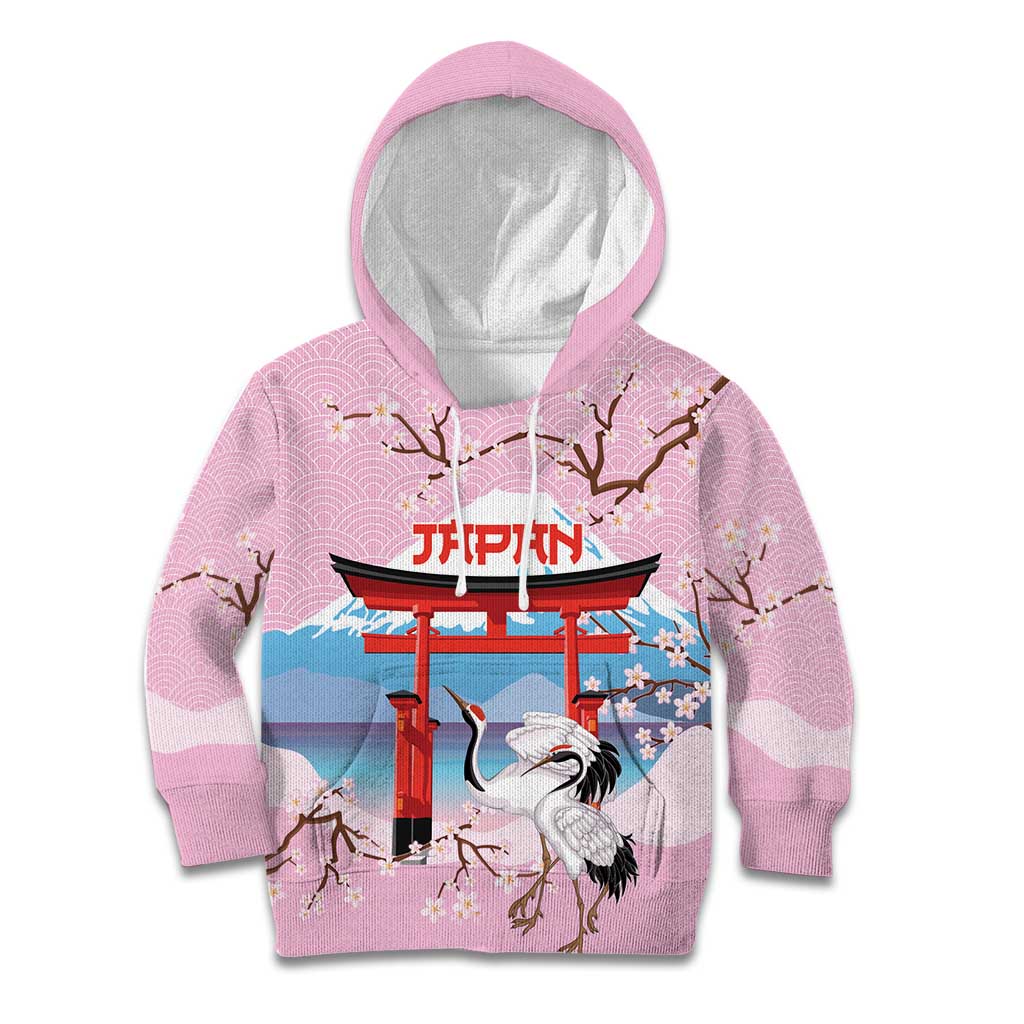 Japanese Torii Gate Cranes Personalised Kid Hoodie Fuji Mount Sakura Seigaiha Pattern