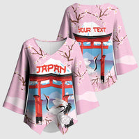 Japanese Torii Gate Cranes Personalised Kimono Sleeve Blouse Fuji Mount Sakura Seigaiha Pattern