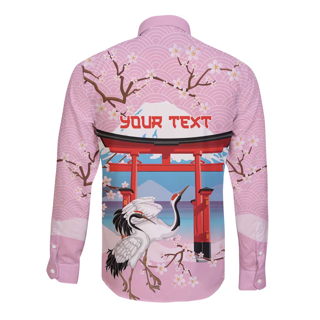 Japanese Torii Gate Cranes Personalised Long Sleeve Button Shirt Fuji Mount Sakura Seigaiha Pattern LT14 - Polynesian Pride