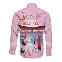 Japanese Torii Gate Cranes Personalised Long Sleeve Button Shirt Fuji Mount Sakura Seigaiha Pattern LT14 - Polynesian Pride