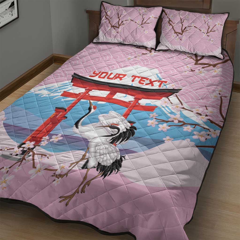 Japanese Torii Gate Cranes Personalised Quilt Bed Set Fuji Mount Sakura Seigaiha Pattern