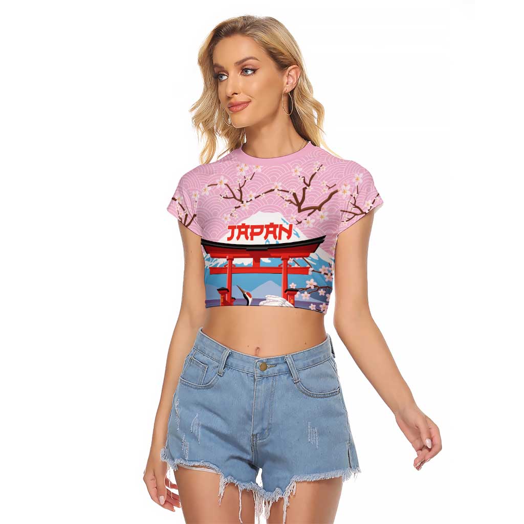 Japanese Torii Gate Cranes Personalised Raglan Cropped T Shirt Fuji Mount Sakura Seigaiha Pattern