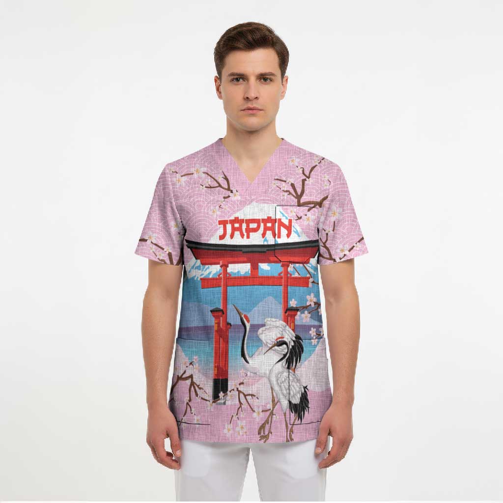 Japanese Torii Gate Cranes Personalised Scrub Top Fuji Mount Sakura Seigaiha Pattern