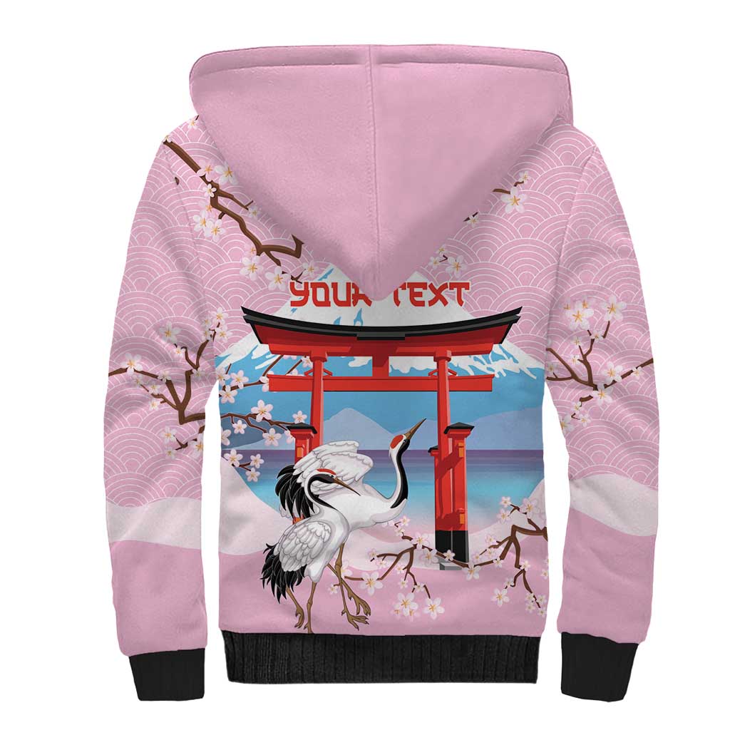 Japanese Torii Gate Cranes Personalised Sherpa Hoodie Fuji Mount Sakura Seigaiha Pattern