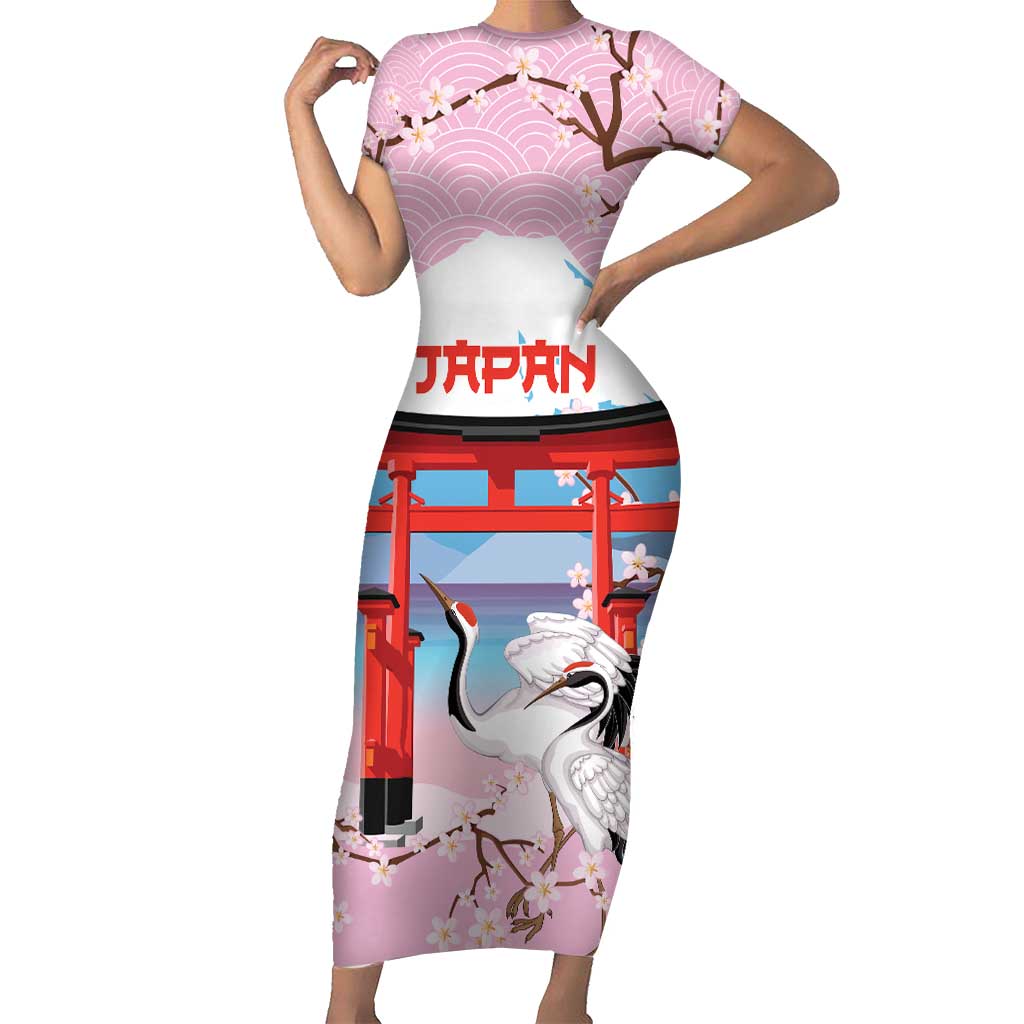 Japanese Torii Gate Cranes Personalised Short Sleeve Bodycon Dress Fuji Mount Sakura Seigaiha Pattern