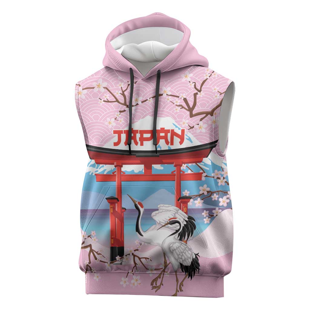 Japanese Torii Gate Cranes Personalised Sleeveless Hoodie Fuji Mount Sakura Seigaiha Pattern
