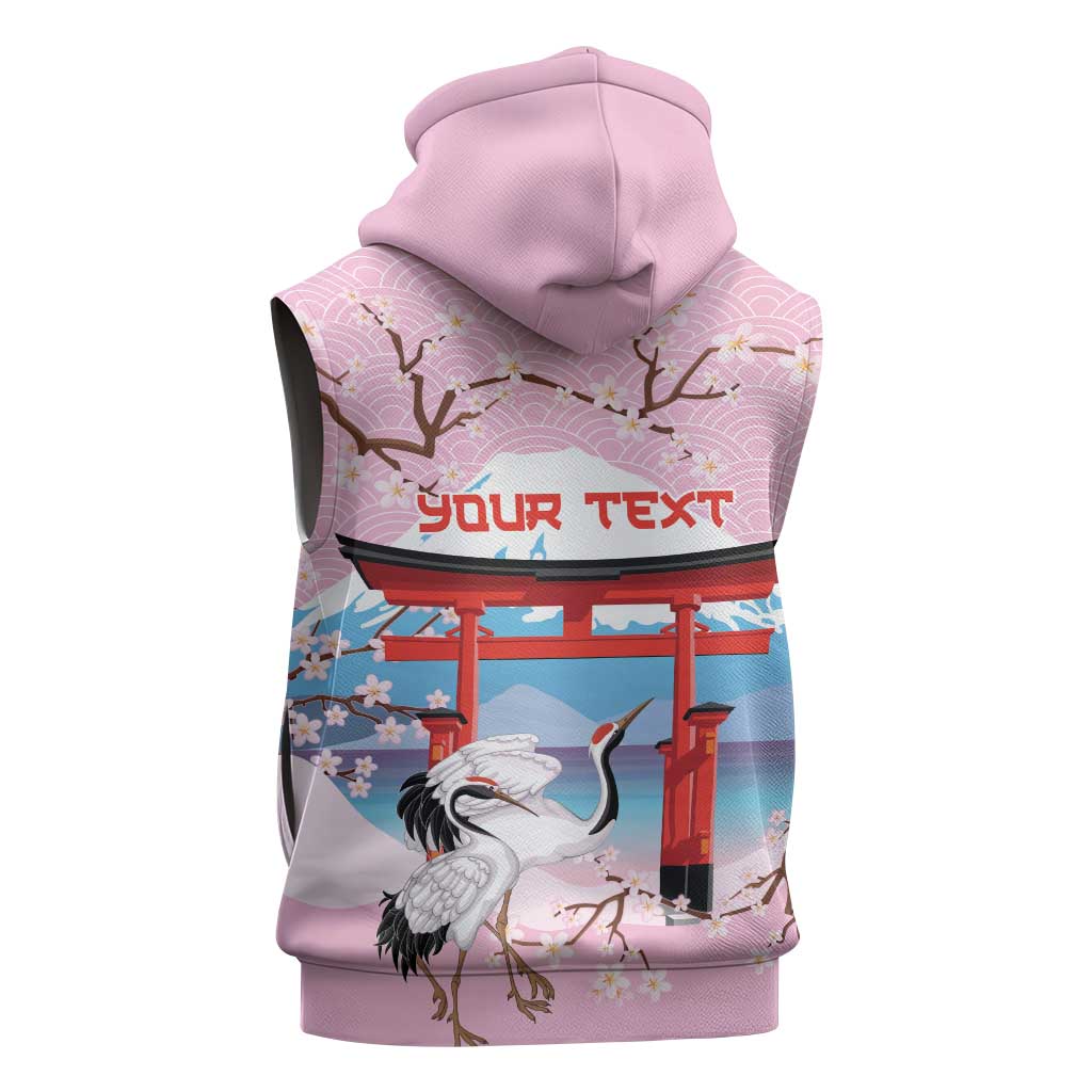 Japanese Torii Gate Cranes Personalised Sleeveless Hoodie Fuji Mount Sakura Seigaiha Pattern