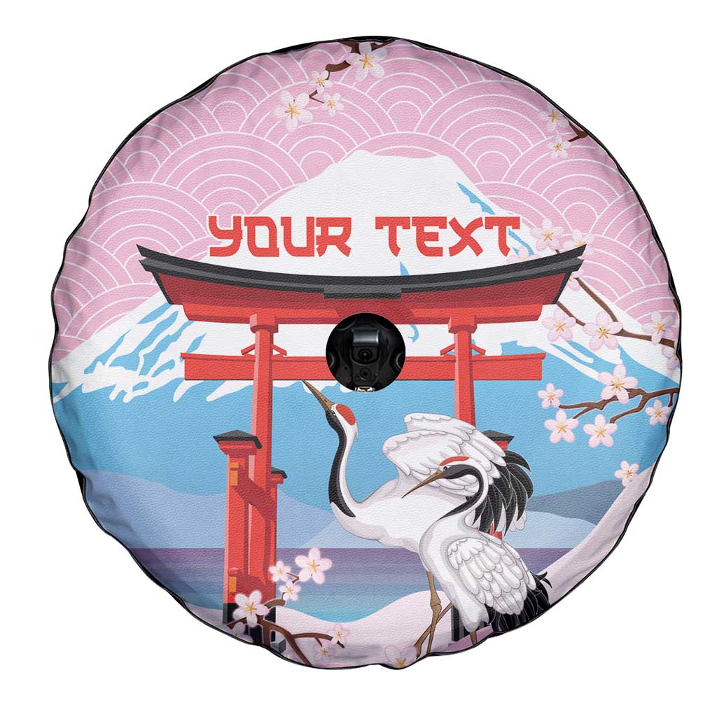 Japanese Torii Gate Cranes Personalised Spare Tire Cover Fuji Mount Sakura Seigaiha Pattern