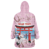 Japanese Torii Gate Cranes Personalised Wearable Blanket Hoodie Fuji Mount Sakura Seigaiha Pattern