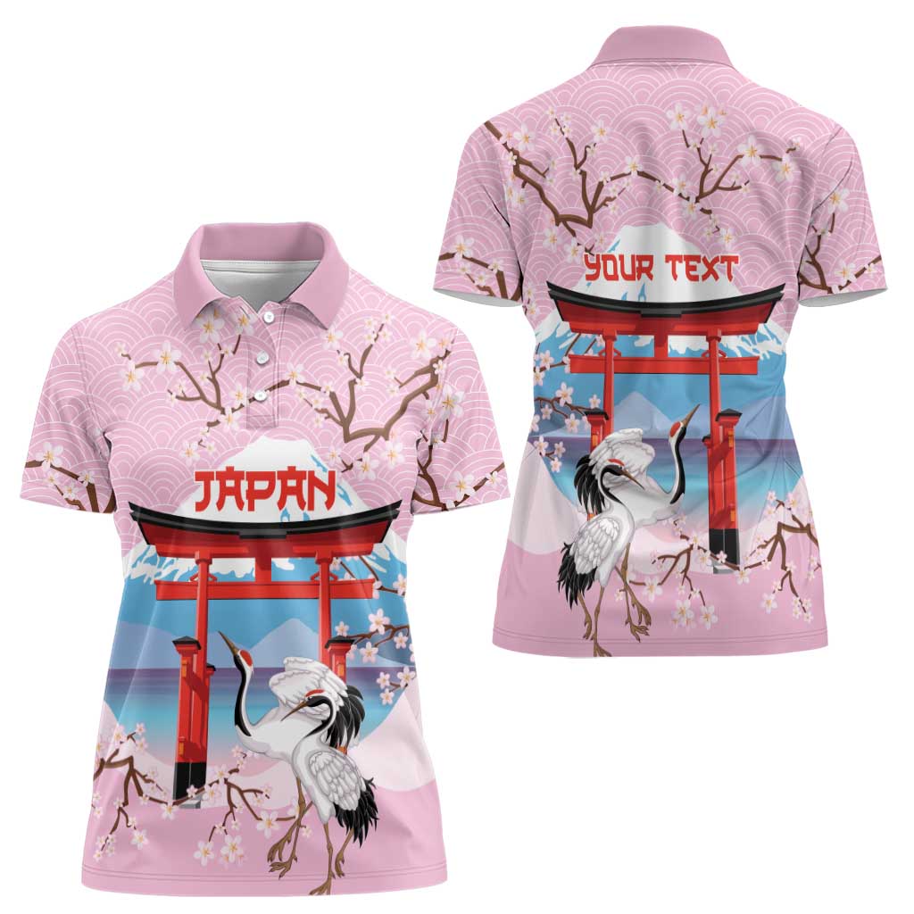 Japanese Torii Gate Cranes Personalised Women Polo Shirt Fuji Mount Sakura Seigaiha Pattern