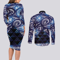 Matariki New Zealand Couples Matching Long Sleeve Bodycon Dress and Long Sleeve Button Shirt NZ Niho Taniwha Maori New Year Blue Galaxy LT14 - Polynesian Pride