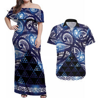 Matariki New Zealand Couples Matching Off Shoulder Maxi Dress and Hawaiian Shirt NZ Niho Taniwha Maori New Year Blue Galaxy LT14 Blue - Polynesian Pride