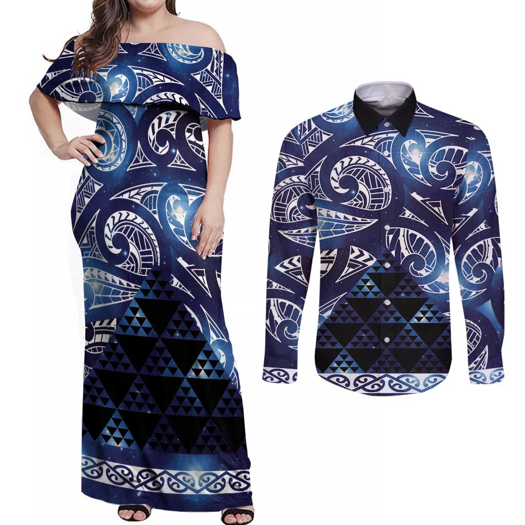 Matariki New Zealand Couples Matching Off Shoulder Maxi Dress and Long Sleeve Button Shirt NZ Niho Taniwha Maori New Year Blue Galaxy