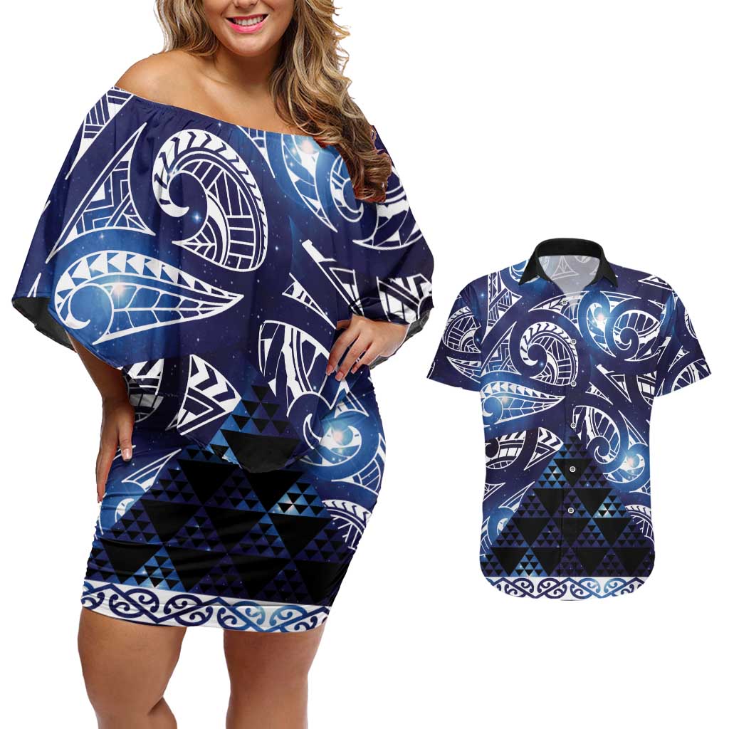 Matariki New Zealand Couples Matching Off Shoulder Short Dress and Hawaiian Shirt NZ Niho Taniwha Maori New Year Blue Galaxy LT14 Blue - Polynesian Pride