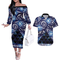 Matariki New Zealand Couples Matching Off The Shoulder Long Sleeve Dress and Hawaiian Shirt NZ Niho Taniwha Maori New Year Blue Galaxy LT14 Blue - Polynesian Pride