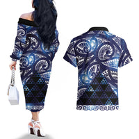 Matariki New Zealand Couples Matching Off The Shoulder Long Sleeve Dress and Hawaiian Shirt NZ Niho Taniwha Maori New Year Blue Galaxy LT14 - Polynesian Pride